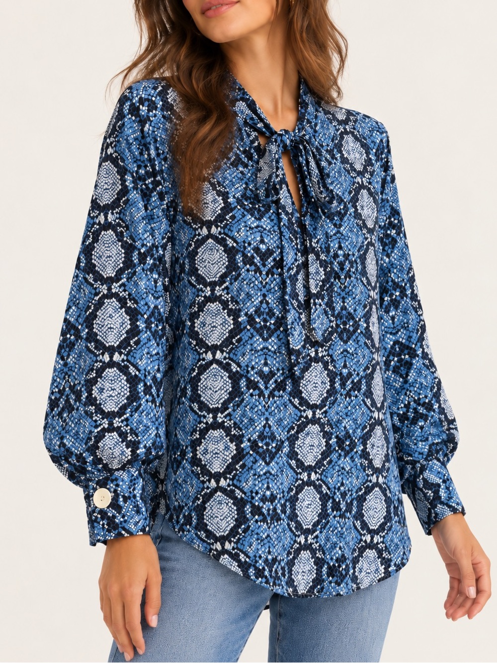 NWT Boutique Breakout Woman Blue Snake-Print Tie-Neck Blouse